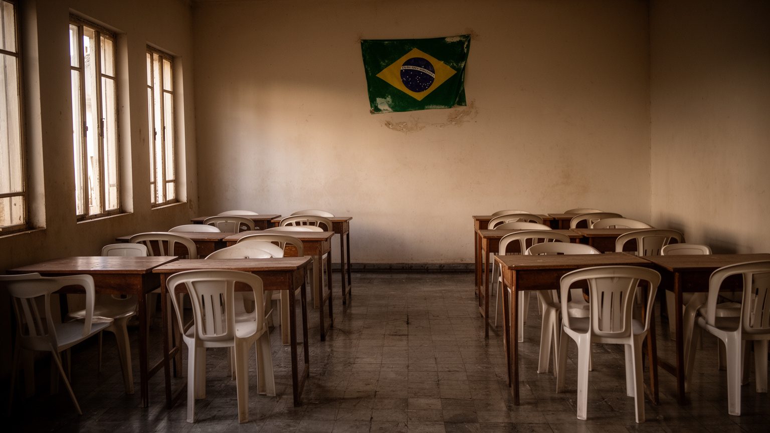 Sala de votação brasileira vazia, com uma bandeira do Brasil na parede e as carteiras enfileiradas à espera dos eleitores